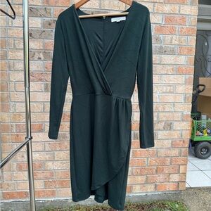 LOFT Forest Green Faux Wrap Long Sleeve Dress